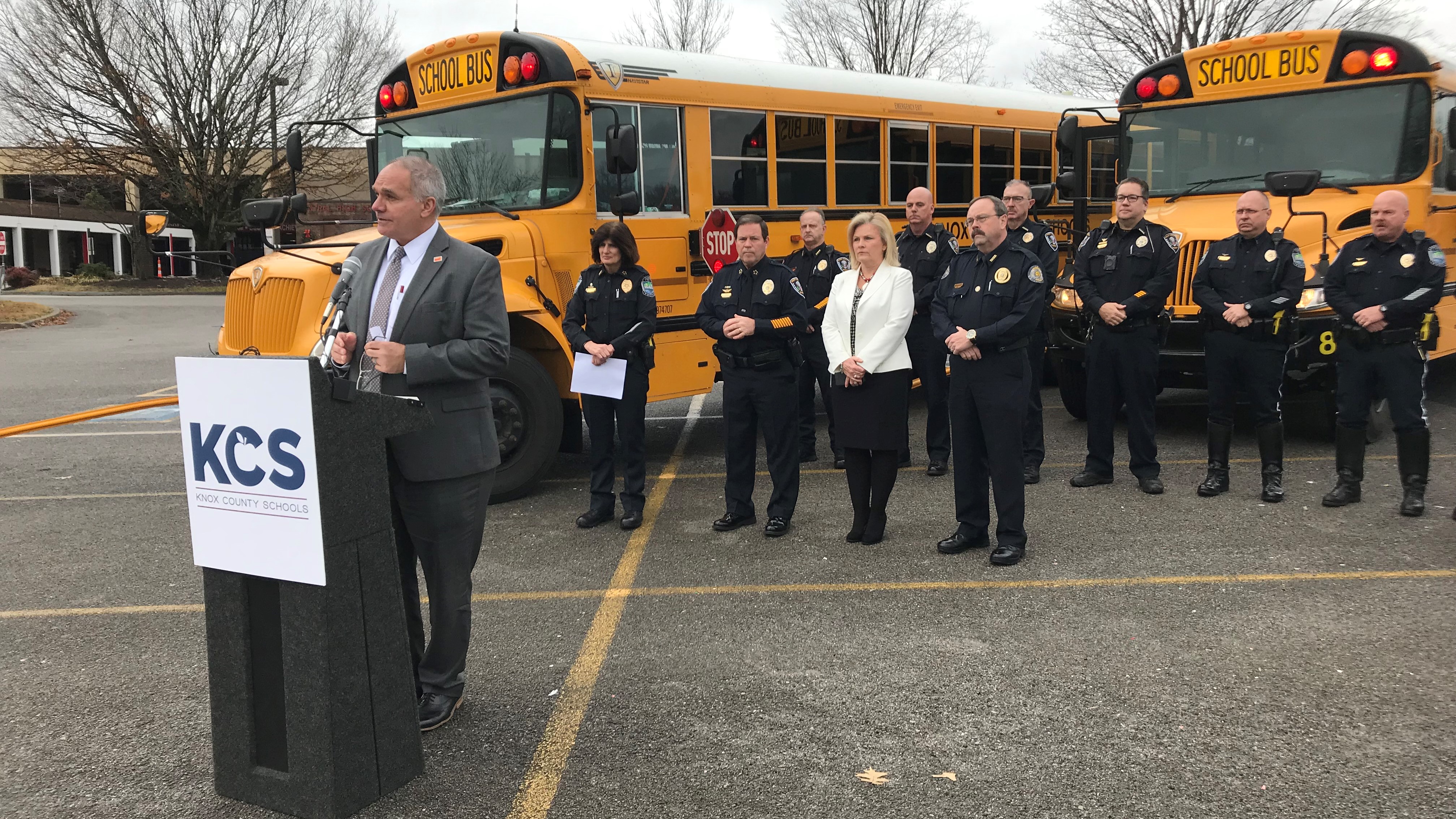 KCS Chief of Security Gus Paidousis speaks at a news conference about bus safety. 